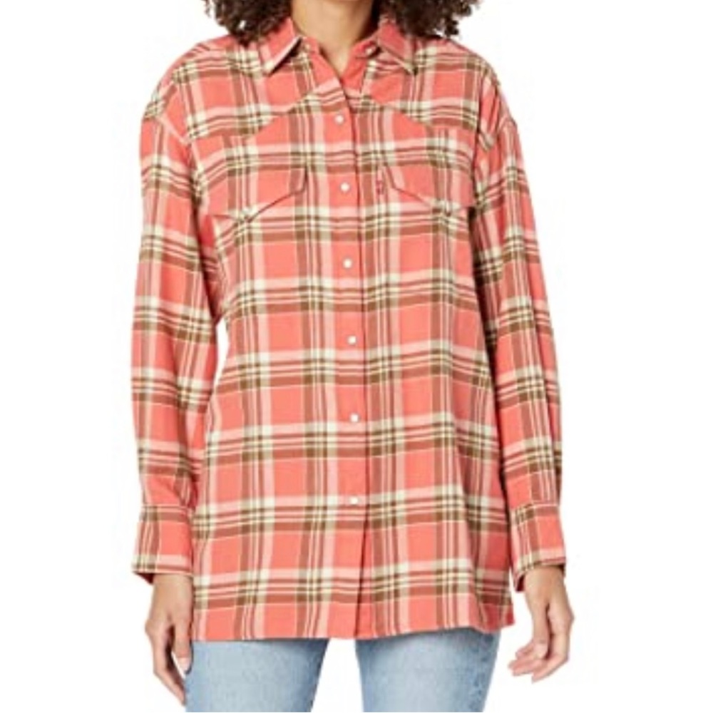 Levi's Women's Dylan Relaxed Western Top Orange Plaid Flannel Shirt Sz M…